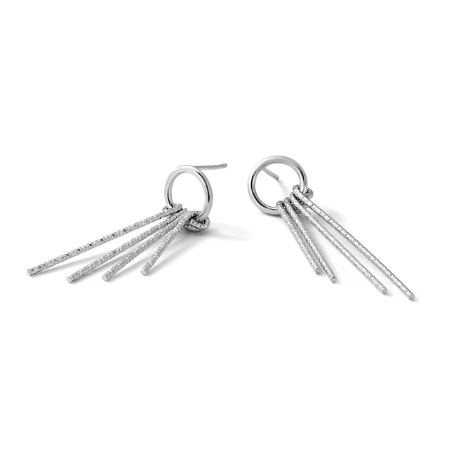 Pair of silver tapered cone earrings with textured surfaces, suspended from circular posts, shown from front and back angles.