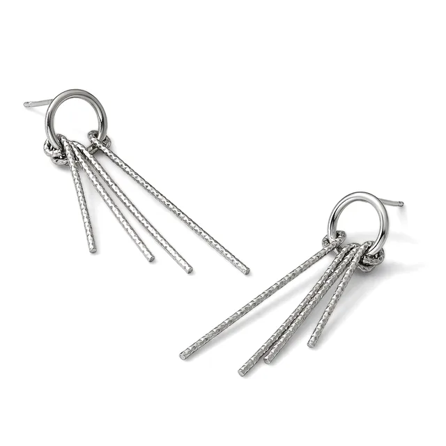 Pair of silver-toned dangling earrings with textured cylindrical rods hanging from a ring post, shown from front and side angles.