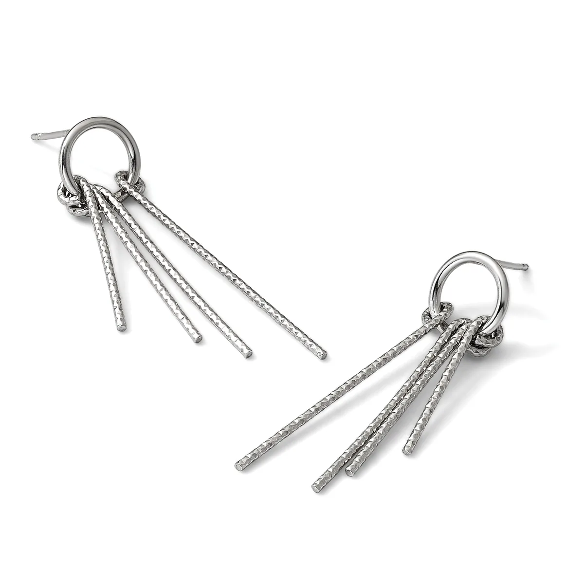 Pair of silver-toned dangling earrings with textured cylindrical rods hanging from a ring post, shown from front and side angles.