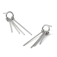Pair of silver-toned dangling earrings with textured cylindrical rods hanging from a ring post, shown from front and side angles.