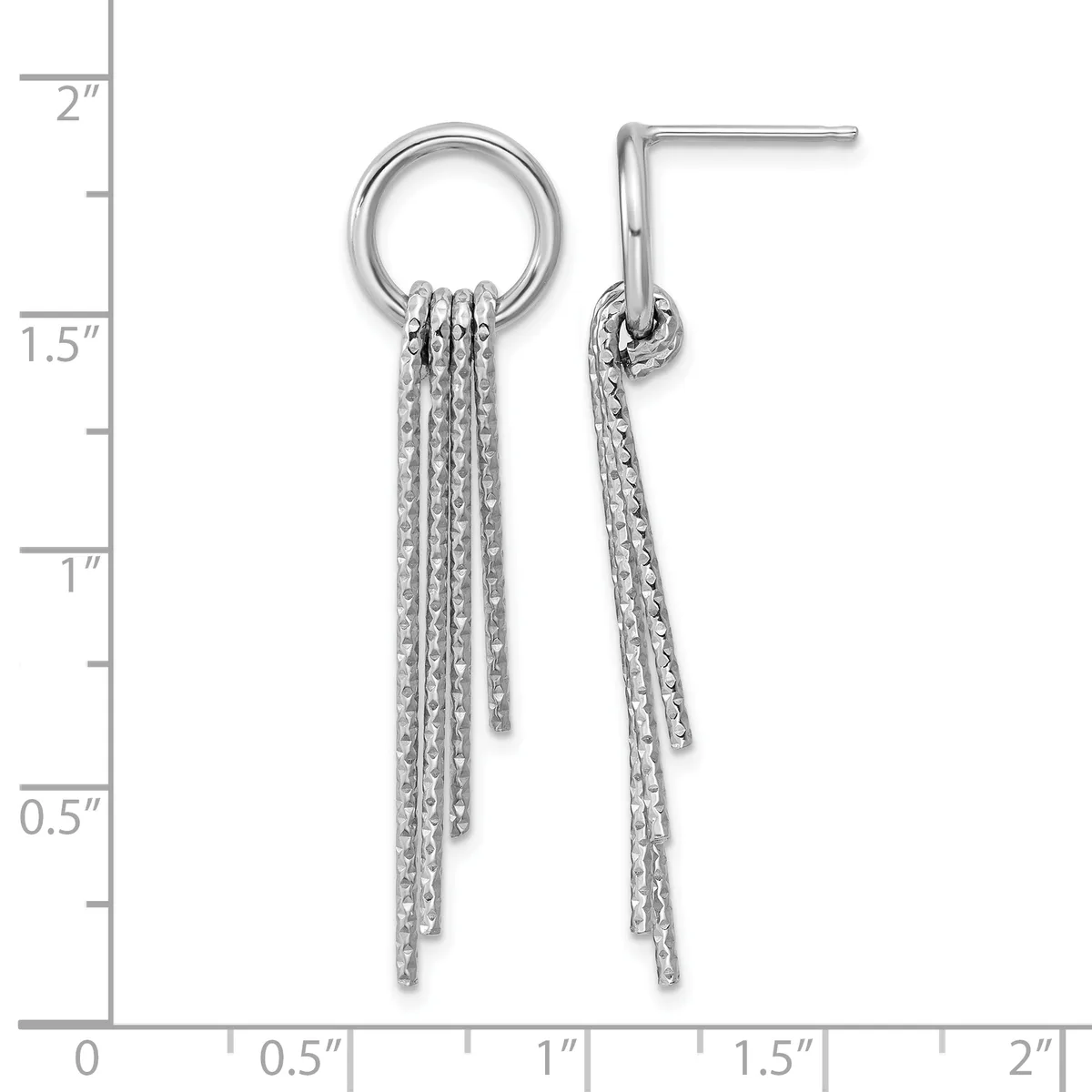 Pair of silver dangle earrings with textured chain fringe hanging from a ring, displayed on a measurement scale showing approximately two inches in length.