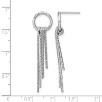 Pair of silver dangle earrings with textured chain fringe hanging from a ring, displayed on a measurement scale showing approximately two inches in length.