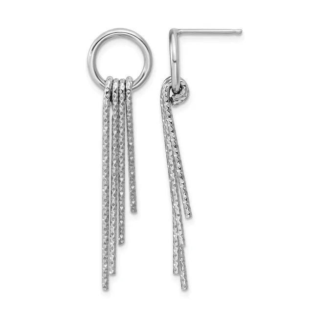 Pair of silver dangling earrings with textured chain fringe hanging from a circular post on the left and a bar post on the right.