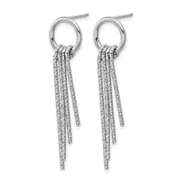 A pair of silver stud earrings with textured tapered chains hanging from small oval loops.