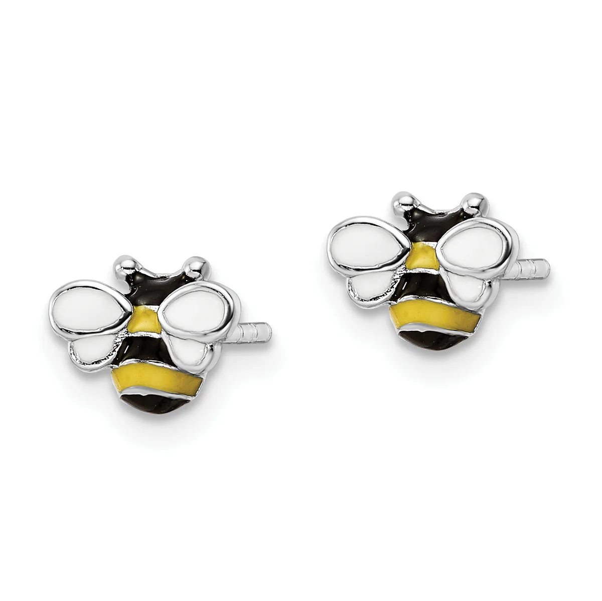A pair of silver bee-shaped cufflinks with yellow and black enamel stripes and white enamel wings.