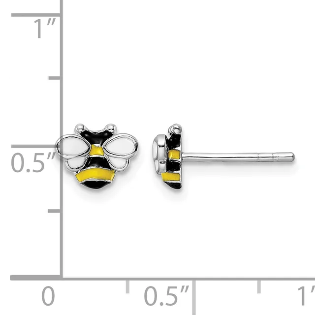 Two bee-shaped stud earrings with black and yellow enamel stripes and white enamel wings on silver posts, shown front and side view against a measurement scale.