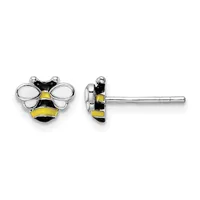 A pair of bee-shaped stud earrings with silver-toned metal, white enamel wings, and yellow and black striped bodies, shown from front and side views.