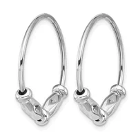 A pair of polished silver hoop earrings with rectangular lever-back closures, shown against a white background.