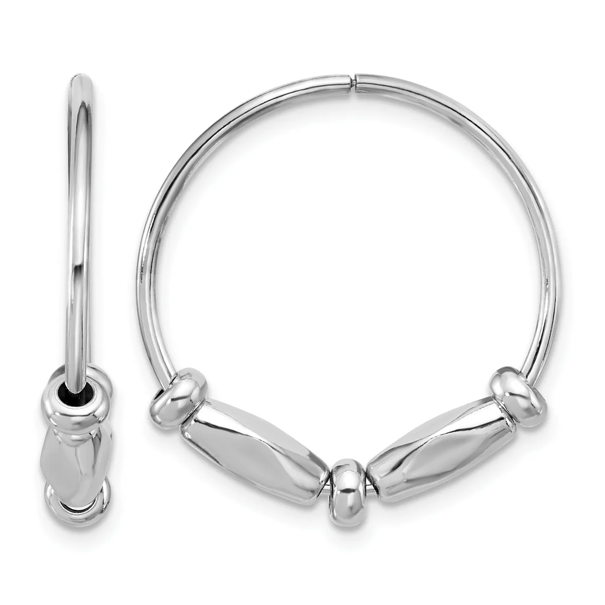 A polished silver hinged bangle bracelet with three oval-shaped beads spaced along the band, shown open and closed.
