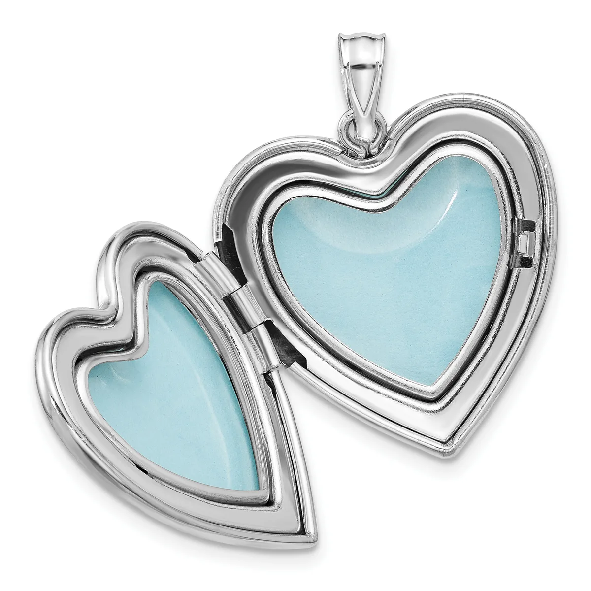 A silver heart-shaped locket pendant with a wavy border design, shown open to reveal two light blue stone or glass panels inside, suspended from a silver bail.