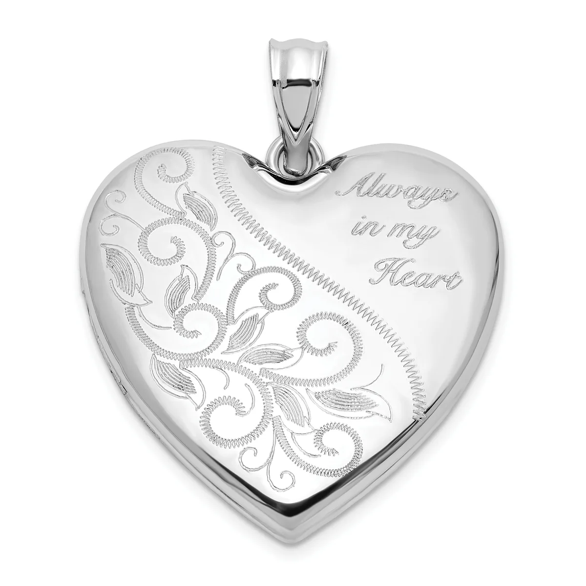 Silver heart-shaped locket pendant with ornamental scrollwork engraving on the left side and "Always in my Heart" engraved on the right, suspended from a silver bail.
