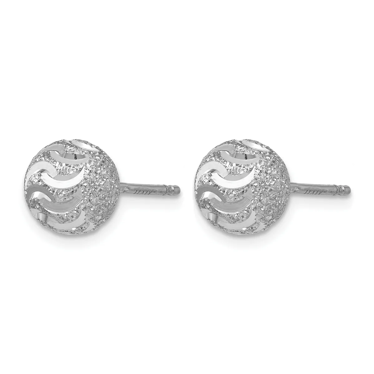 Pair of silver stud earrings with textured spherical heads featuring wavy cutout patterns, shown from the front against a white background.