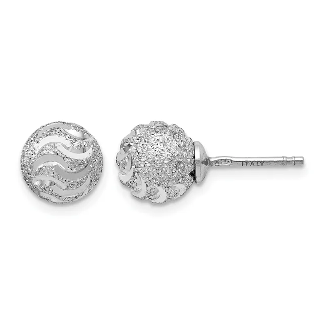 Pair of silver stud earrings with textured and polished spherical designs, shown from front and back views with a post and backing visible.