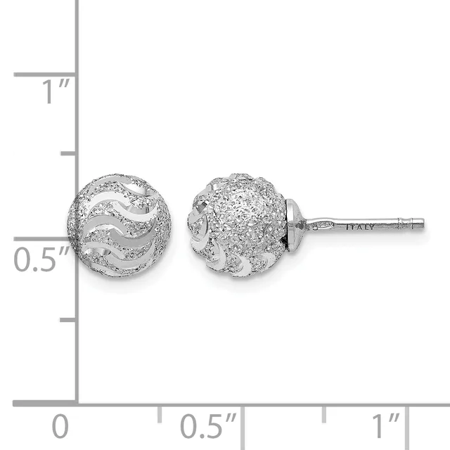 Two silver textured spherical stud earrings shown next to a ruler indicating they measure approximately half an inch in diameter.