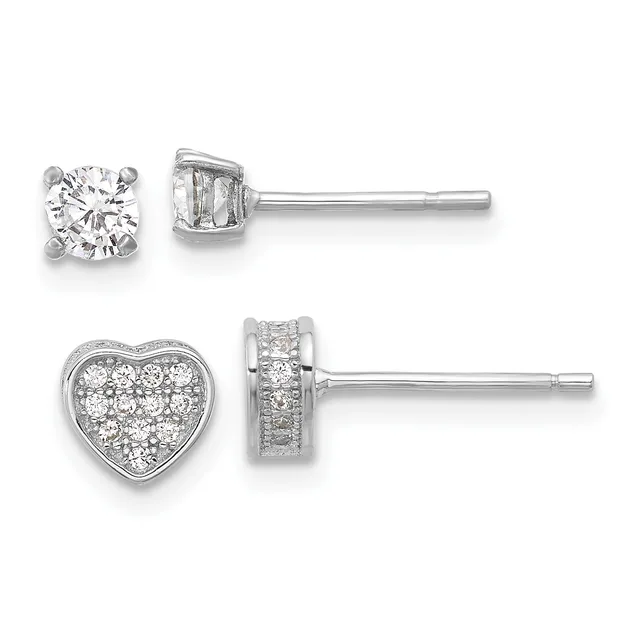 Two pairs of diamond stud earrings in white metal: the top pair features single round brilliant diamonds in four-prong settings, and the bottom pair shows heart-shaped settings filled with clustered round diamonds.