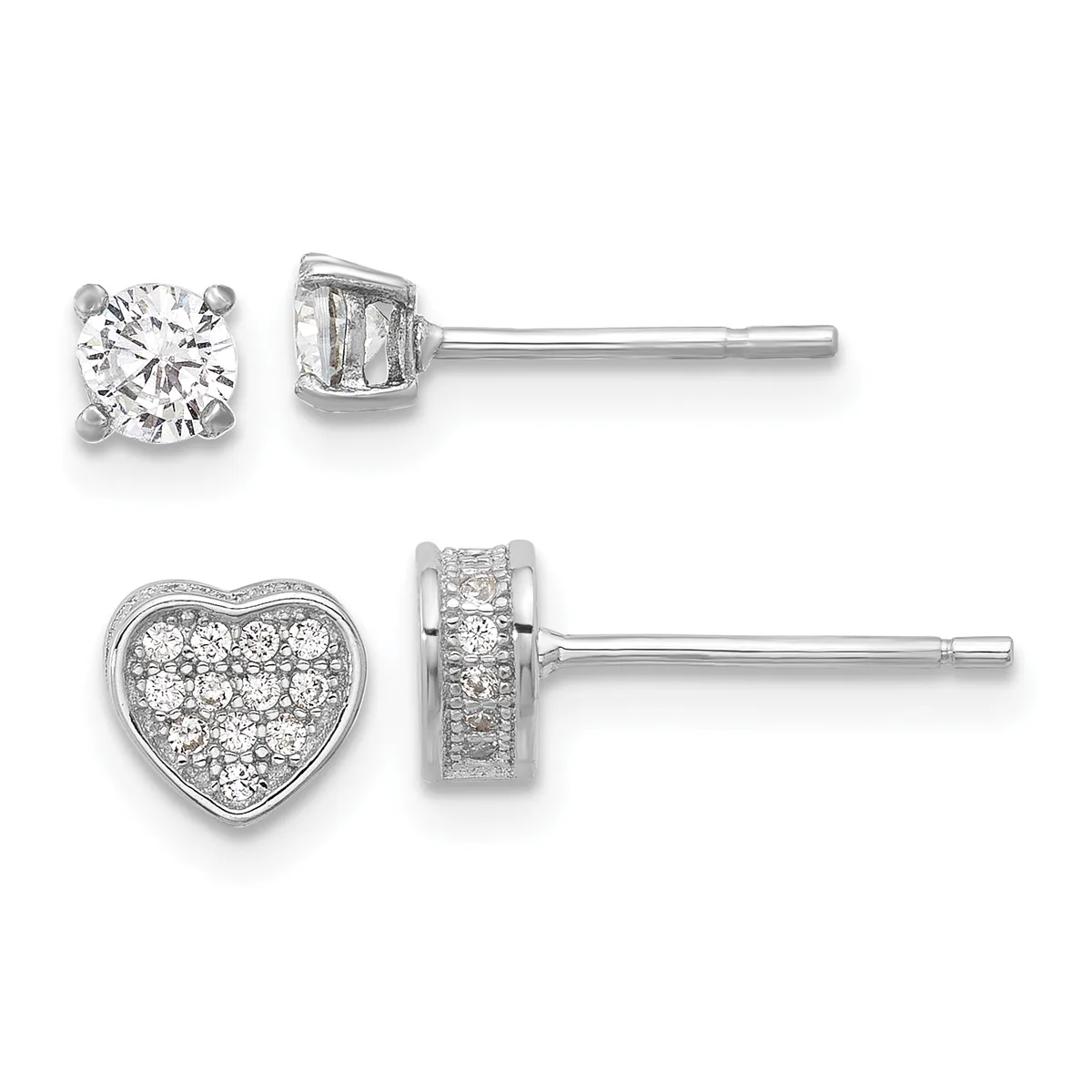 Two pairs of diamond stud earrings in white metal: the top pair features single round brilliant diamonds in four-prong settings, and the bottom pair shows heart-shaped settings filled with clustered round diamonds.