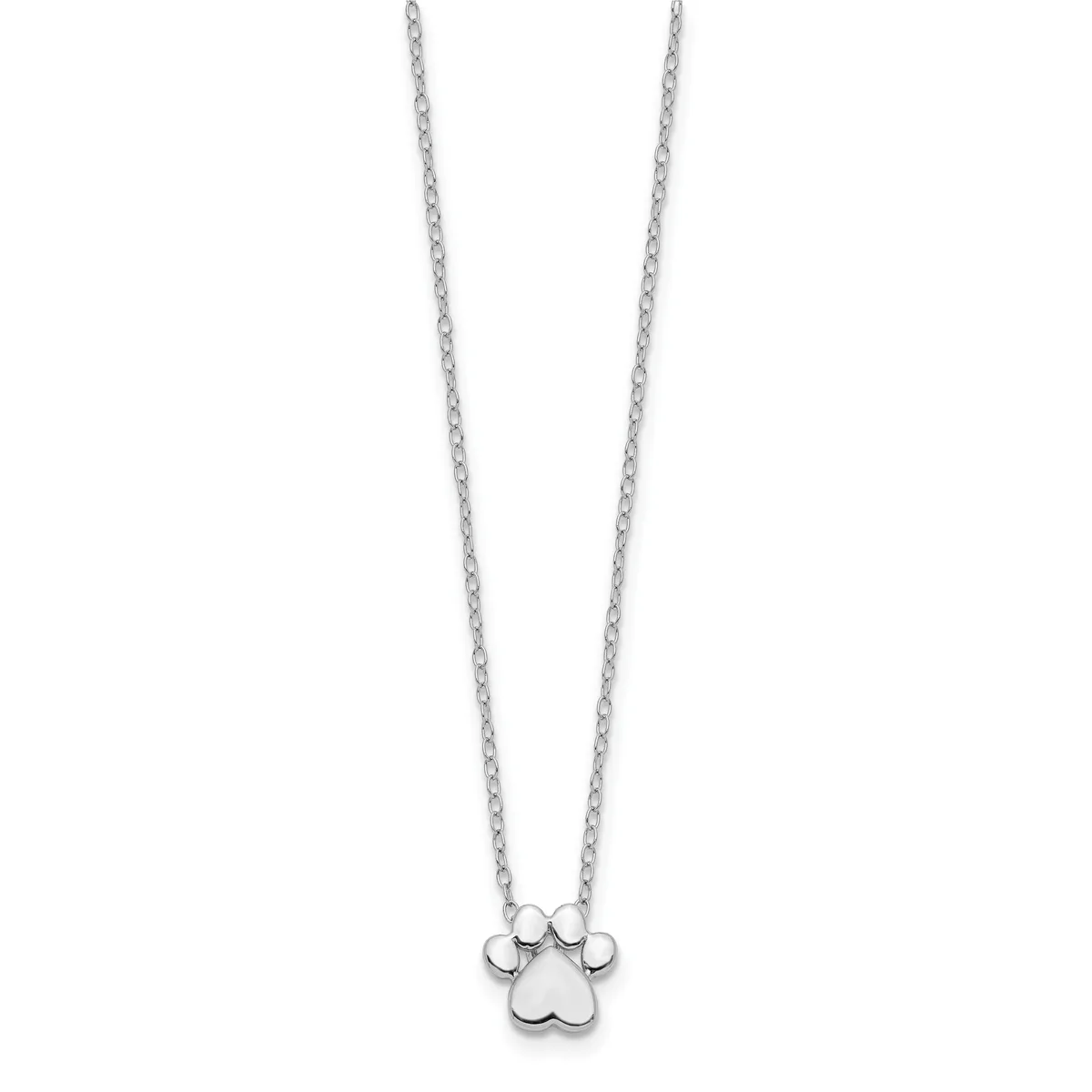 Silver paw print pendant hanging from a delicate chain necklace against a white background.
