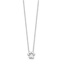Silver paw print pendant hanging from a delicate chain necklace against a white background.