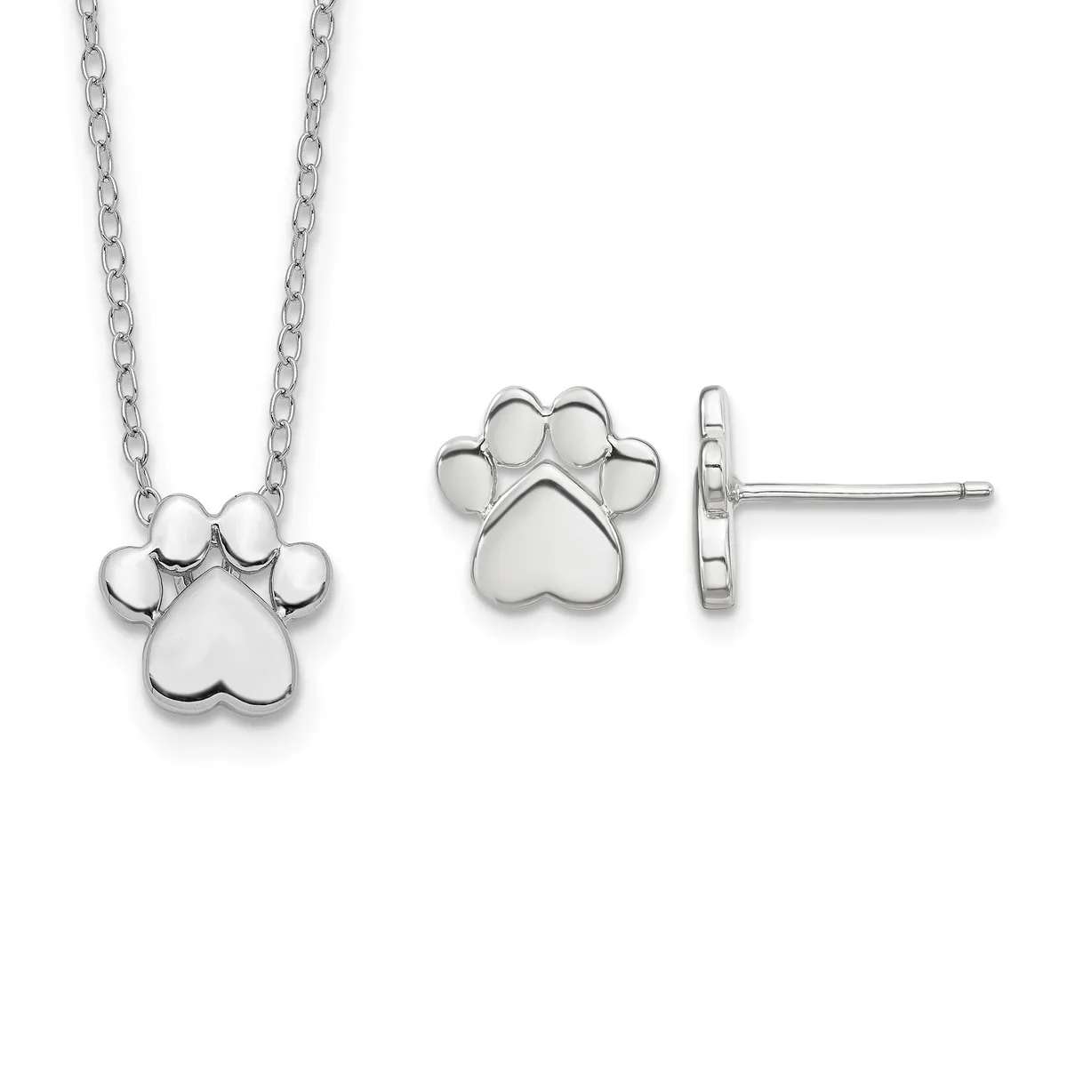 Sterling silver paw print necklace and matching stud earrings displayed against a white background.