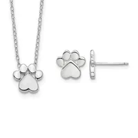Sterling silver paw print necklace and matching stud earrings displayed against a white background.