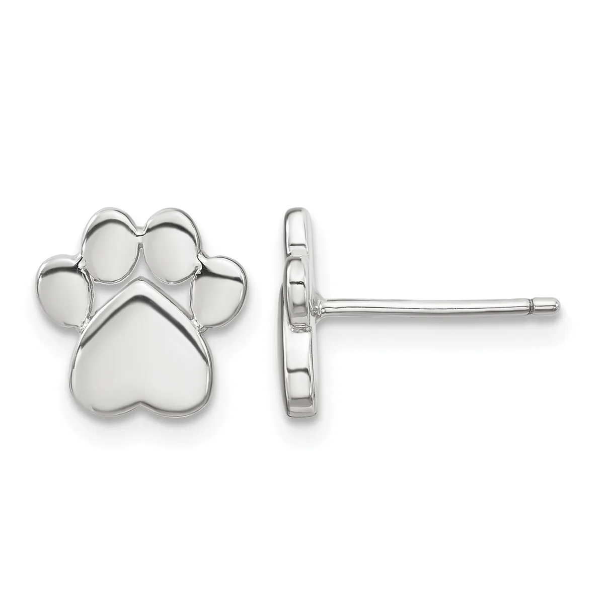 A pair of polished silver paw print stud earrings shown from front and side views, each featuring a larger heart-shaped pad with four smaller round toe pads above it.