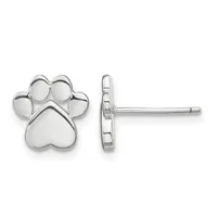 A pair of polished silver paw print stud earrings shown from front and side views, each featuring a larger heart-shaped pad with four smaller round toe pads above it.