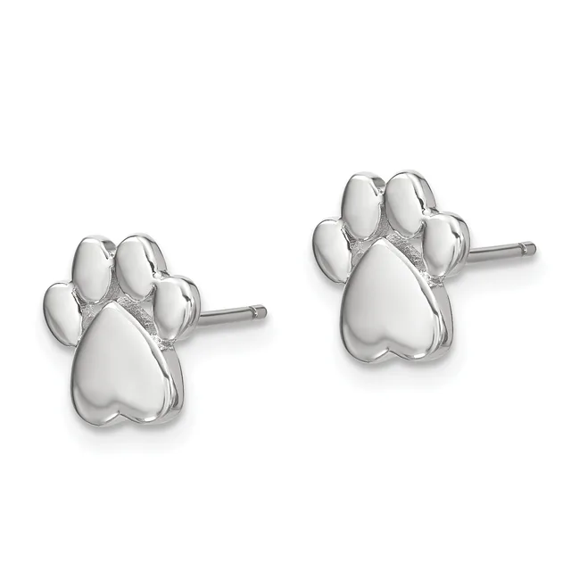 A pair of silver paw print stud earrings with heart-shaped pads and four rounded toe sections, shown from the front on posts.