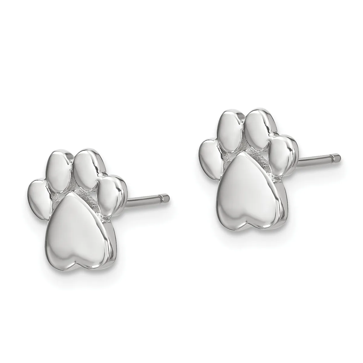 A pair of silver paw print stud earrings with heart-shaped pads and four rounded toe sections, shown from the front on posts.