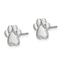 A pair of silver paw print stud earrings with heart-shaped pads and four rounded toe sections, shown from the front on posts.