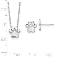 Silver paw print necklace and matching stud earrings displayed with a measurement scale showing the pendant is approximately one inch tall.