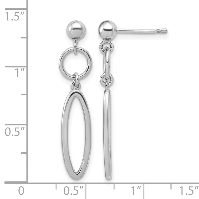 Silver-toned dangle earrings with ball studs, circular connectors, and elongated oval drops, displayed on a measurement scale showing approximately 1.25 inches in length.