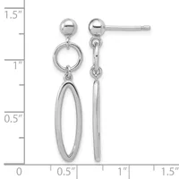 Silver-toned dangle earrings with ball studs, circular connectors, and elongated oval drops, displayed on a measurement scale showing approximately 1.25 inches in length.