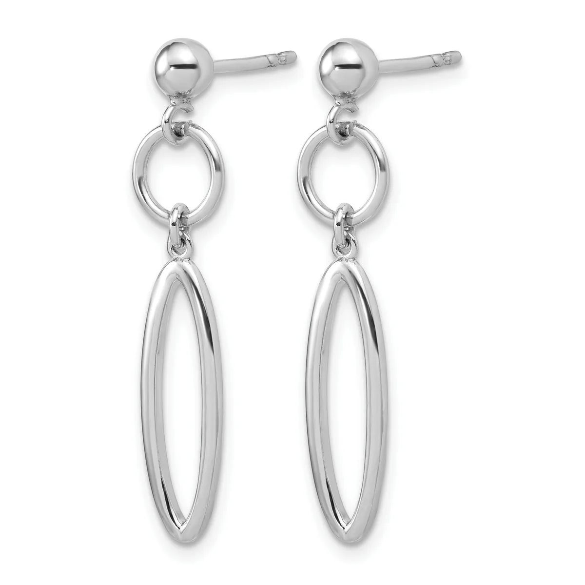 A pair of silver dangle earrings with ball studs, small oval rings, and elongated oval drops hanging below.