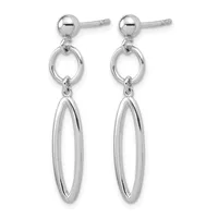 A pair of silver dangle earrings with ball studs, small oval rings, and elongated oval drops hanging below.