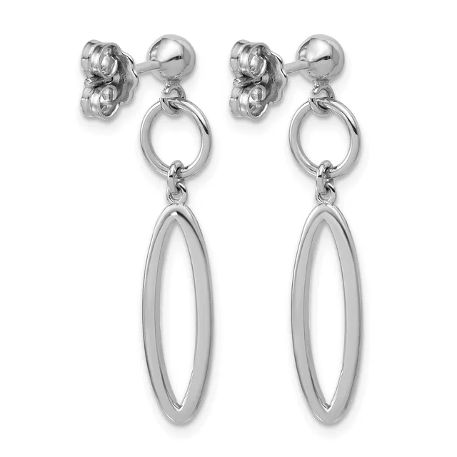 A pair of silver dangle earrings with ball studs, each featuring an oval ring connector and a longer polished oval pendant below.
