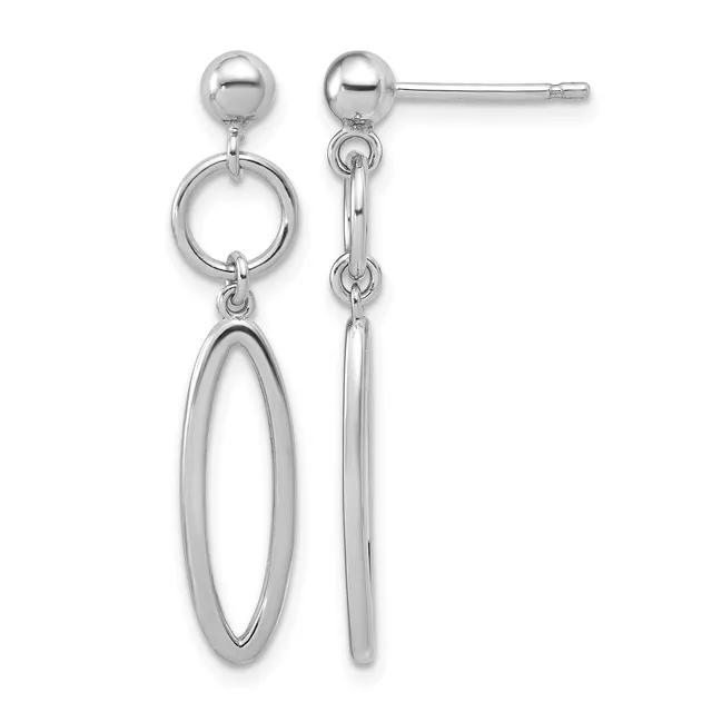 A pair of silver dangle earrings with ball studs, circular links, and elongated oval-shaped pendants hanging from chain connectors.