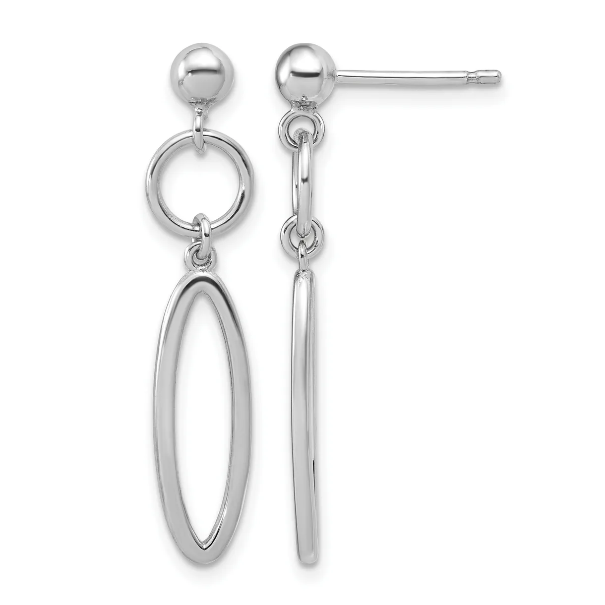 A pair of silver dangle earrings with ball studs, circular links, and elongated oval-shaped pendants hanging from chain connectors.