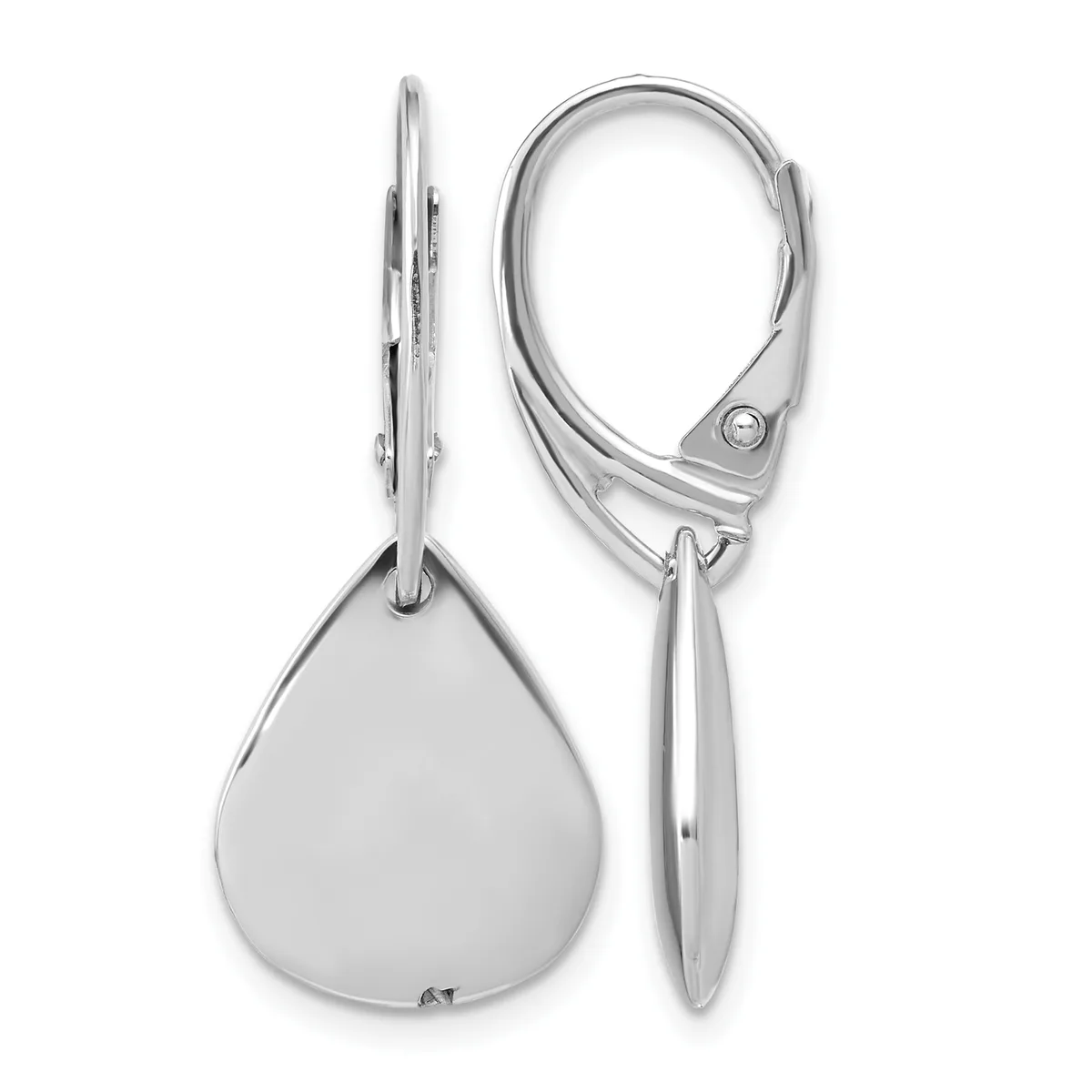 A pair of polished silver teardrop earrings with leverback closures, shown from front and side views.