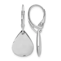 A pair of polished silver teardrop earrings with leverback closures, shown from front and side views.