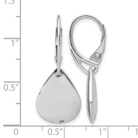 A pair of silver teardrop earrings with leverback closures shown next to a measurement scale indicating approximately 1.5 inches in length.