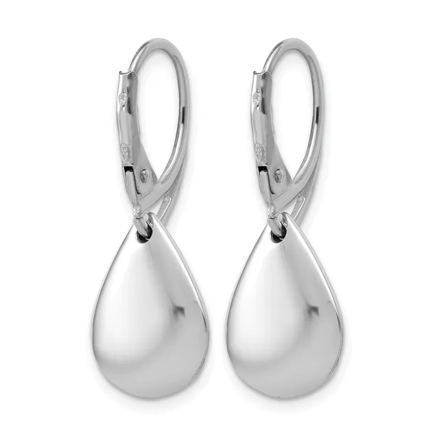 A pair of polished silver teardrop earrings with hinged lever backs, displayed against a white background.