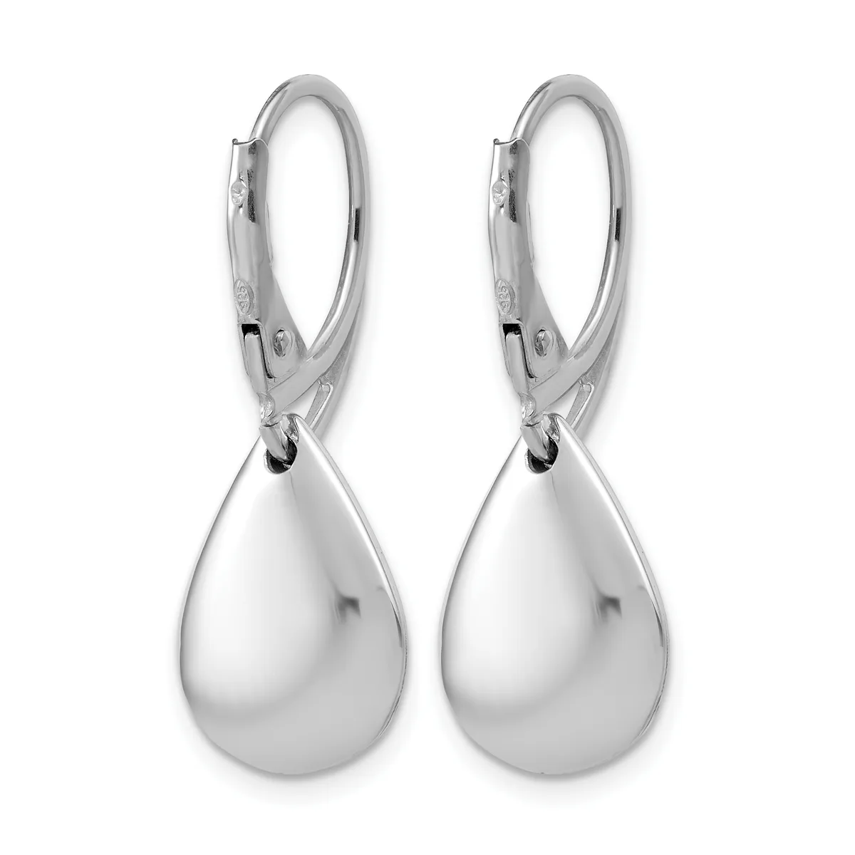A pair of polished silver teardrop earrings with hinged lever backs, displayed against a white background.