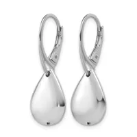 A pair of polished silver teardrop earrings with leverback closures, displayed against a white background.