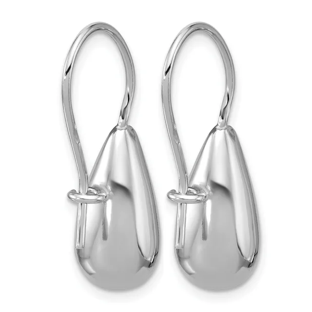 A pair of polished silver teardrop earrings with long ear wires and small decorative bands near the top.