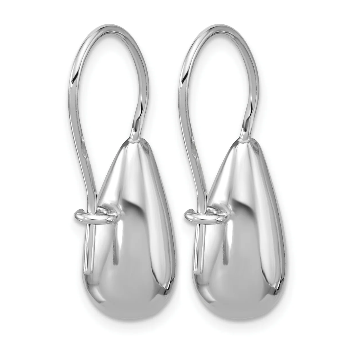 A pair of polished silver teardrop earrings with long ear wires and small decorative bands near the top.