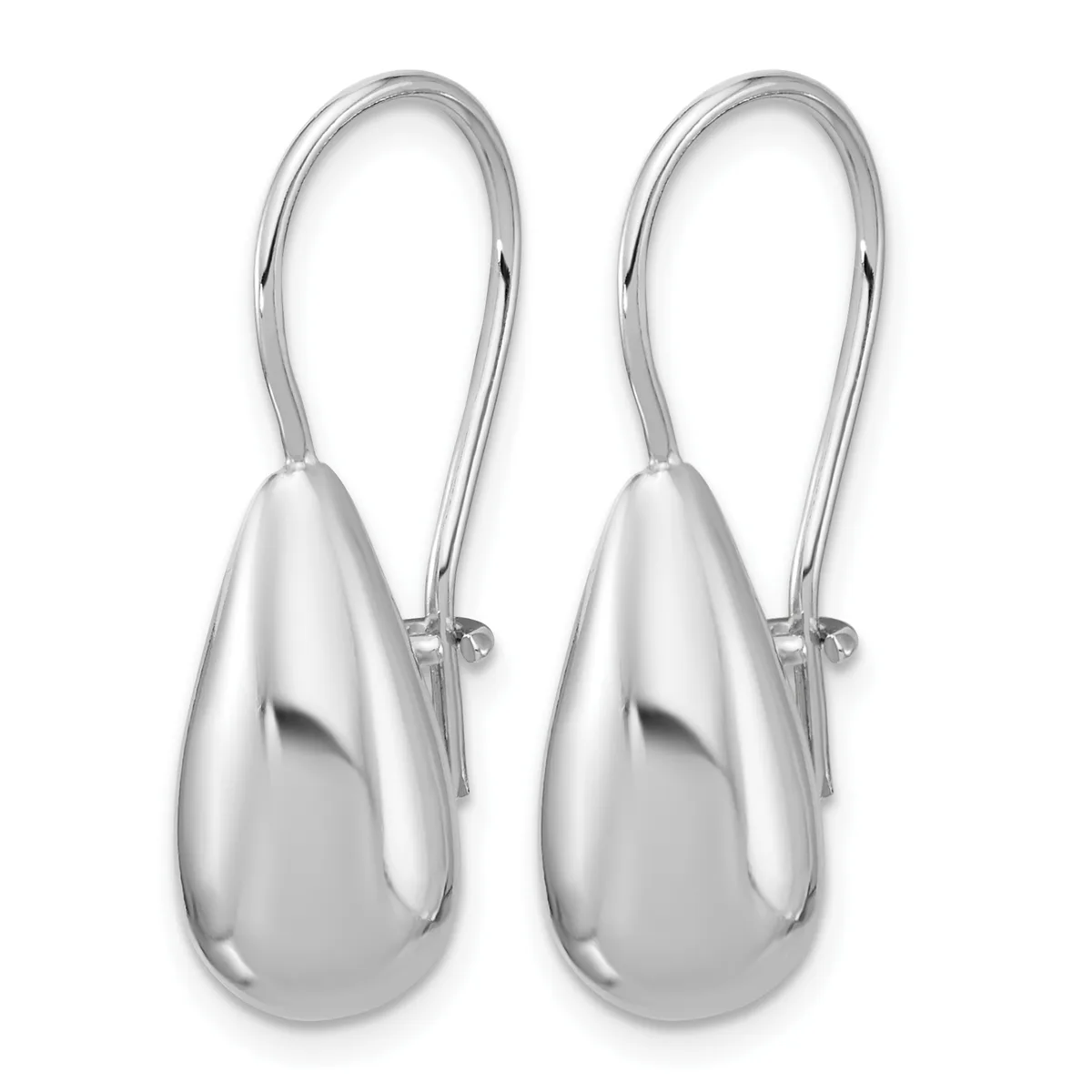 A pair of polished silver teardrop earrings with curved wire hooks, displayed against a white background.