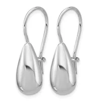 A pair of polished silver teardrop earrings with curved wire hooks, displayed against a white background.