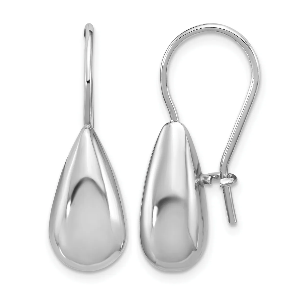 A pair of polished silver teardrop earrings with hook closures displayed against a white background.