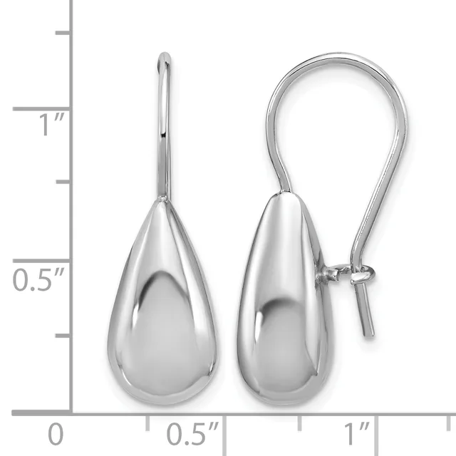 A pair of polished silver teardrop earrings with hook closures, shown next to a ruler indicating approximately one inch in length.