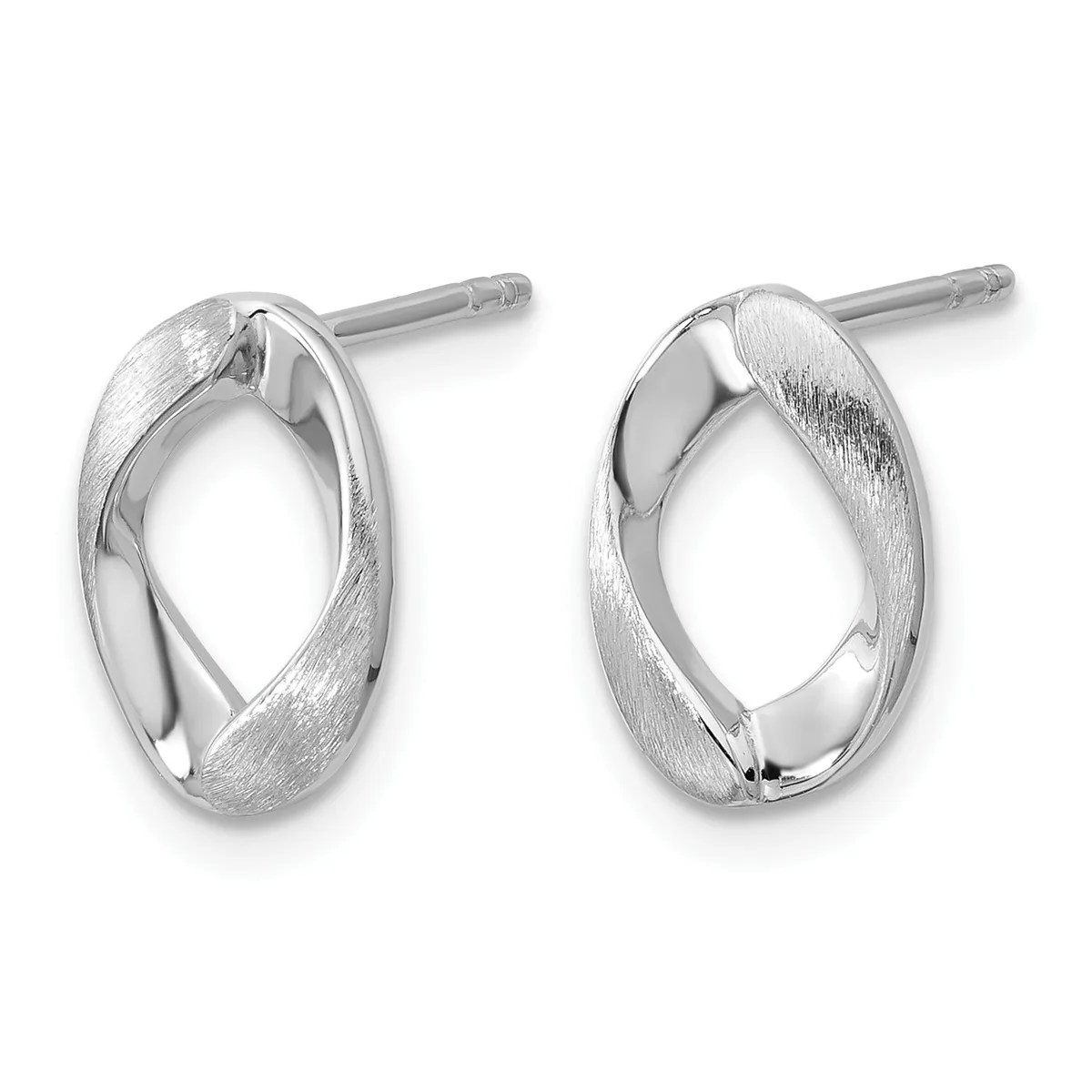 A pair of silver oval hoop earrings with a twisted design and brushed finish, shown from front and back views on posts.